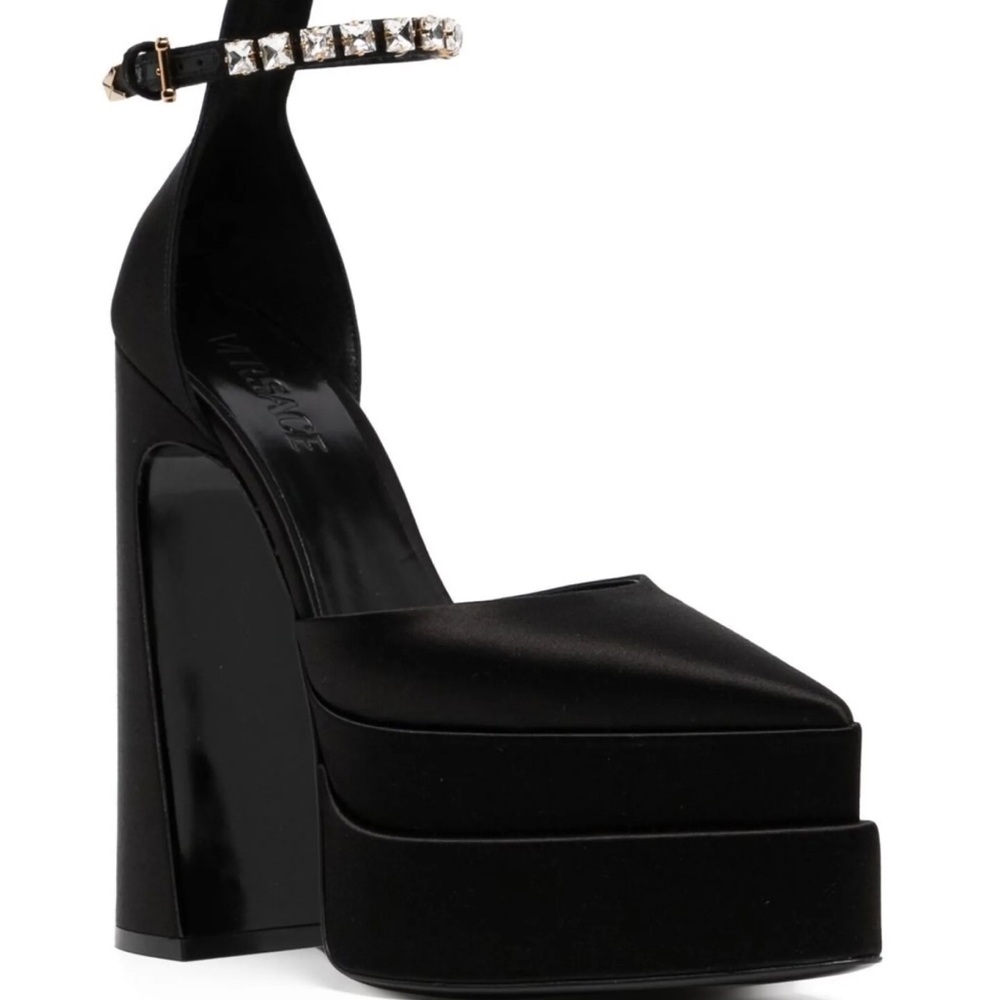 Versace Black Satin Crystal-Ankle Platform Pumps